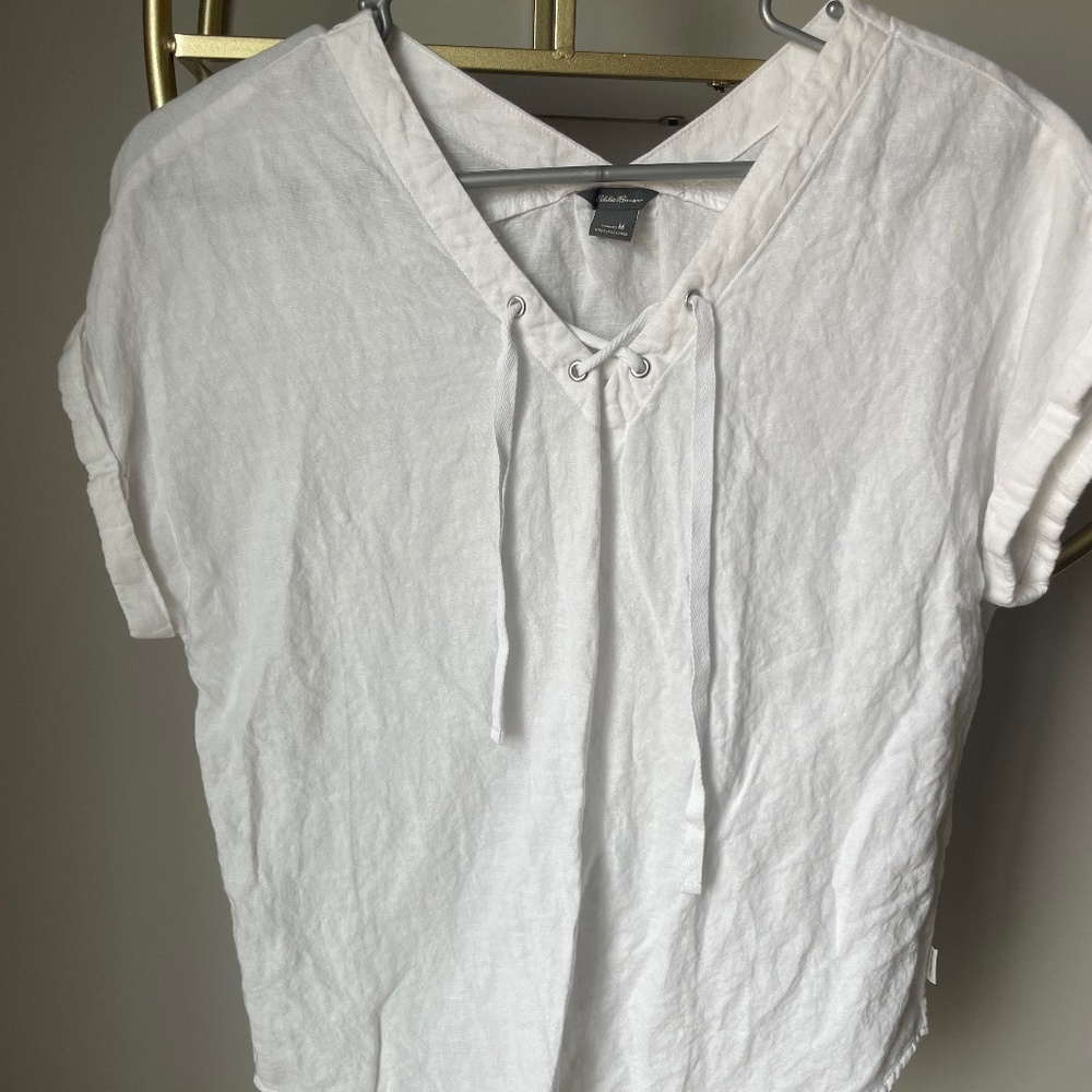 White Linen Top with Lace Up Detail